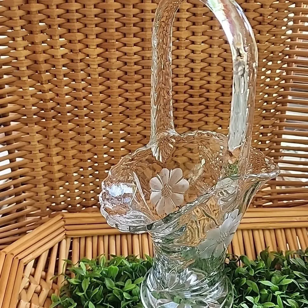Vintage Etched Glass Floral Bride's Basket With Handle Coquette Bridal